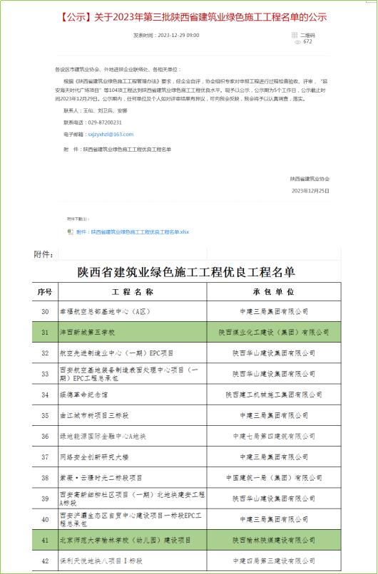 陜煤建設(shè)兩個(gè)項(xiàng)目喜獲“陜西省建筑業(yè)綠色施工優(yōu)良工程”稱號